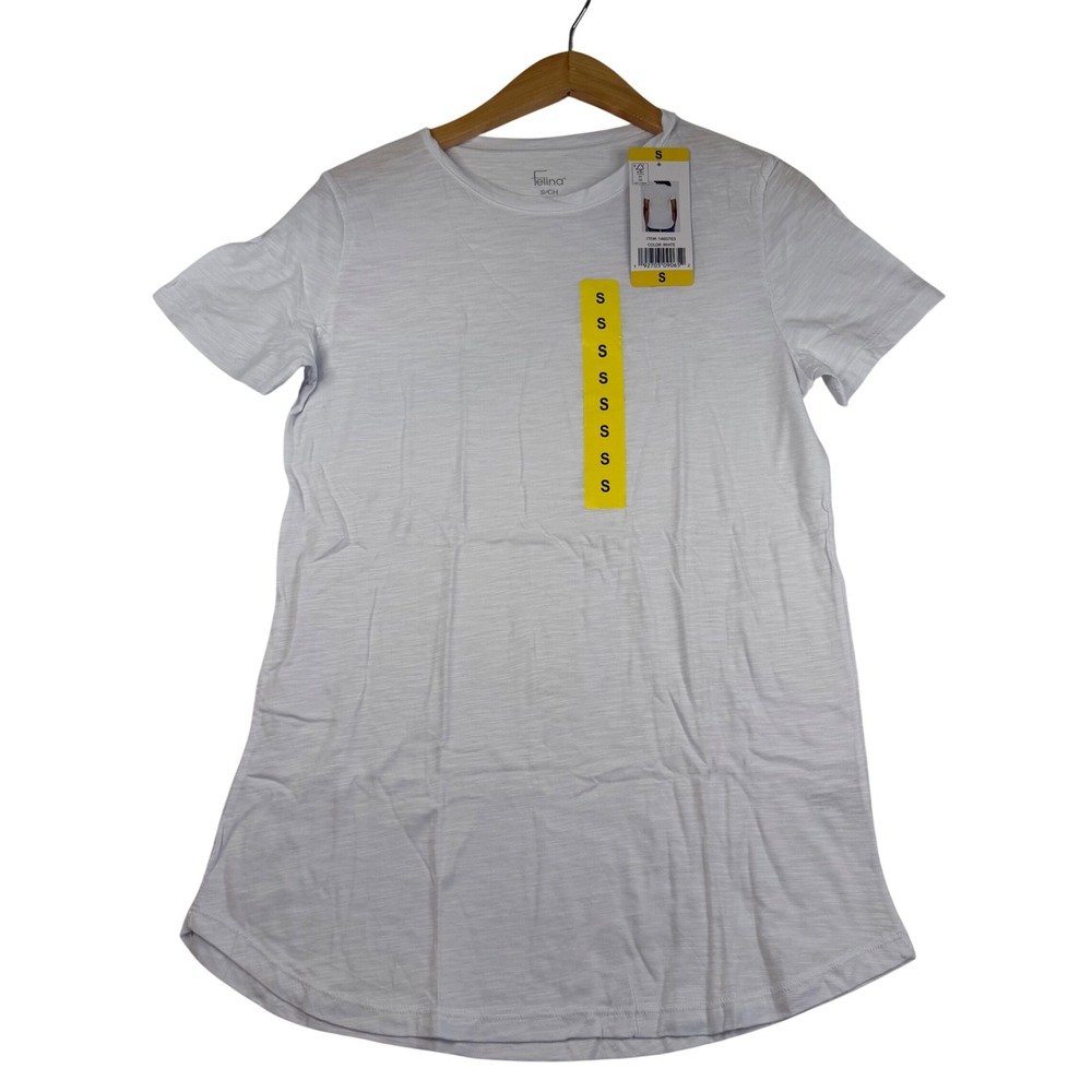 Felina Womens White‎ Slub Knit Short Sleeve Crew Neck Curved Hem Tee Shirt S NEW